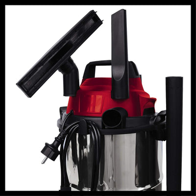 Einhell TC-VC 1812 S Nass-Trockensauger (1.250 W Leistung, 36mm Schlauchsystem, 12 l Edelstahlbehälter, Schaumstofffilter, umfangr. Düsenzubehör), Rot, Schwarz, Weiss