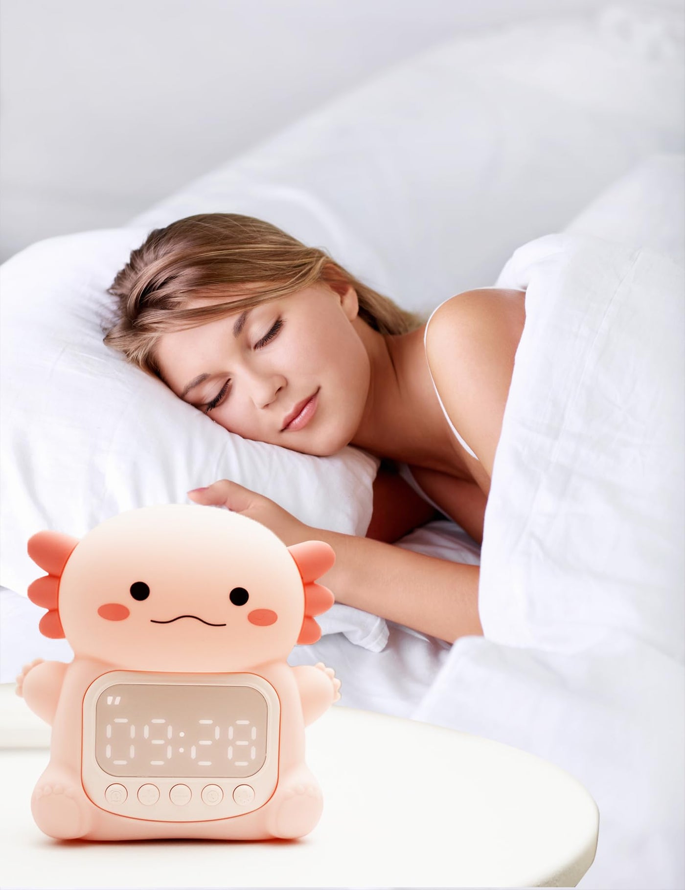 IHALO Cute Axolotl Wecker Kinder mit Nachtlicht, Kinderwecker Mädchen Nachttisch, Silikon Nachtlicht für Kinder, Wiederaufladbar, Zwei Wecker, Datum, Uhrzeit, Dekoration für Babyzimmer