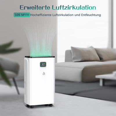Luftentfeuchter 12L/Tag mit Digitaler Feuchtigkeitsanzeige, Automatische Entfeuchtung, 24H-Timer, Kontinuierliche Entwässerung, 2,5L Wassertank, Abflussschlauch, Ideal für Keller, Gegen Feuchtigkeit