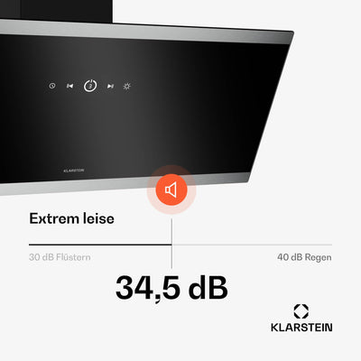 Klarstein FlashLine Dunstabzugshaube – 90 cm Kopffreihaube, Touchscreen, 524 m³/h, A++ Energieeffizienz, LED-Beleuchtung, 34,5 dB, Schwarz, Abluft- und Umluftbetrieb