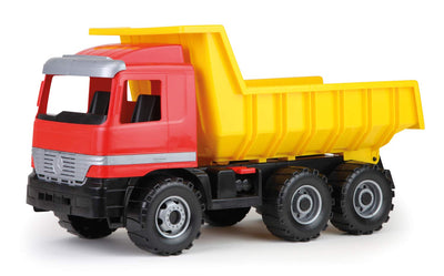 Lena 02031 - Riesen Muldenkipper Mercedes Benz Actros, Kipplaster ca. 63 cm, großer Kipper mit 3 Achsen & verriegelbarer Kippmulde, Baustellen Spielfahrzeug für Kinder ab 3 Jahre, Rot, Gelb, Schwarz