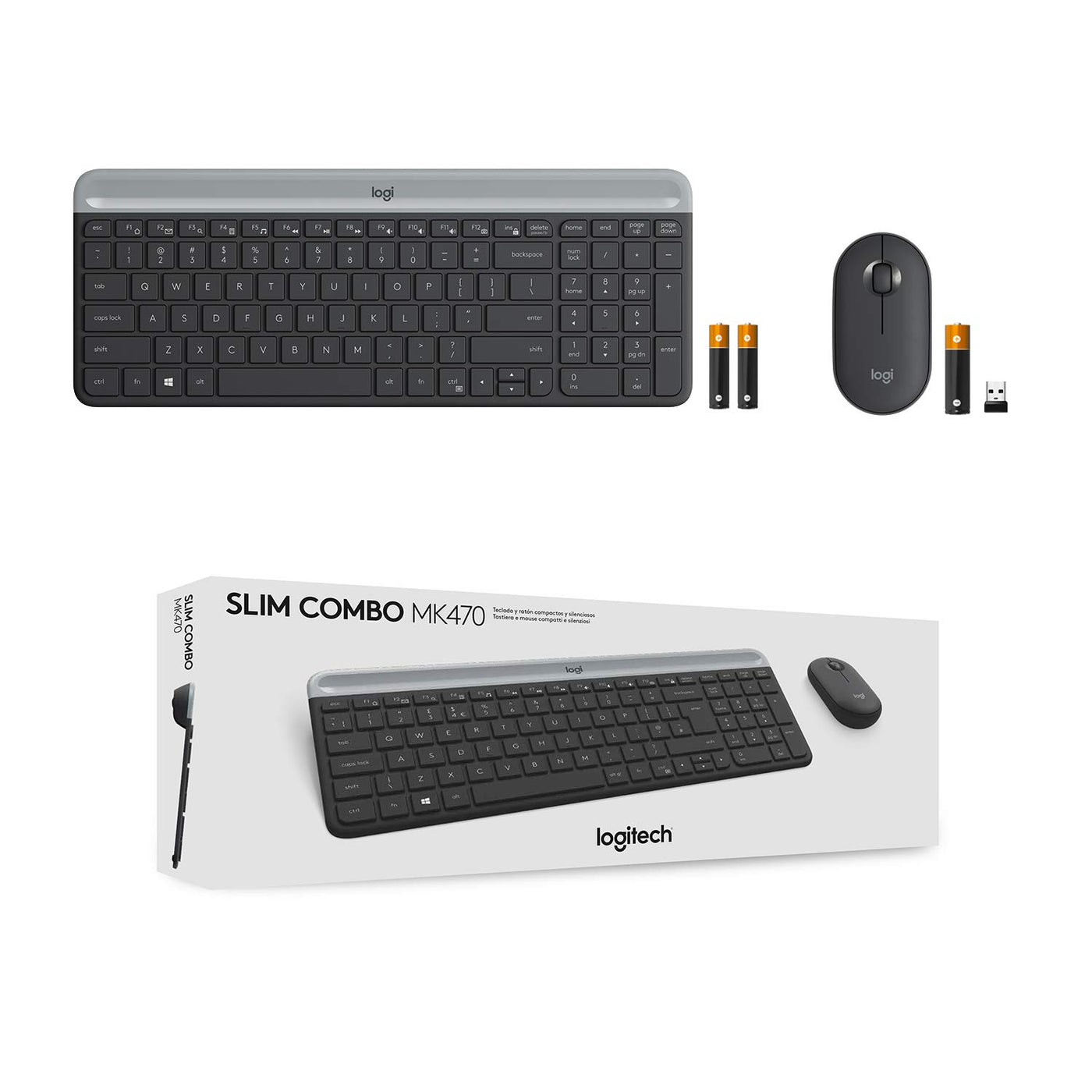 Logitech MK470 Slim Combo Kabelloses Tastatur-Maus-Set, 2.4 GHz Verbindung via Nano-USB-Empfänger, 10m Reichweite, 18-Monate Batterielaufzeit, PC/Laptop, Skand. QWERTY-Layout - Graphit
