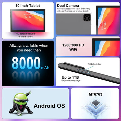 Crelander 10.1 Inch Android 13 Tablet mit SIM Card Slot 4G LTE Calling, 12GB+512GB, 8000mAh Battery, Dual Camera, Bluetooth/WiFi, Bundle mit Schutzhülle, Tastatur, Maus & Stylus (Grau Schwarz)