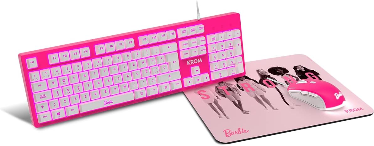KROM Maus und -Mausunterlage Barbie Edition Kandy - Weiße LED-Membrantastatur, Maus optischem Sensor 6400 DPI, Mause-Matte hat eine Gummibasis, Italienisch Layout, pink