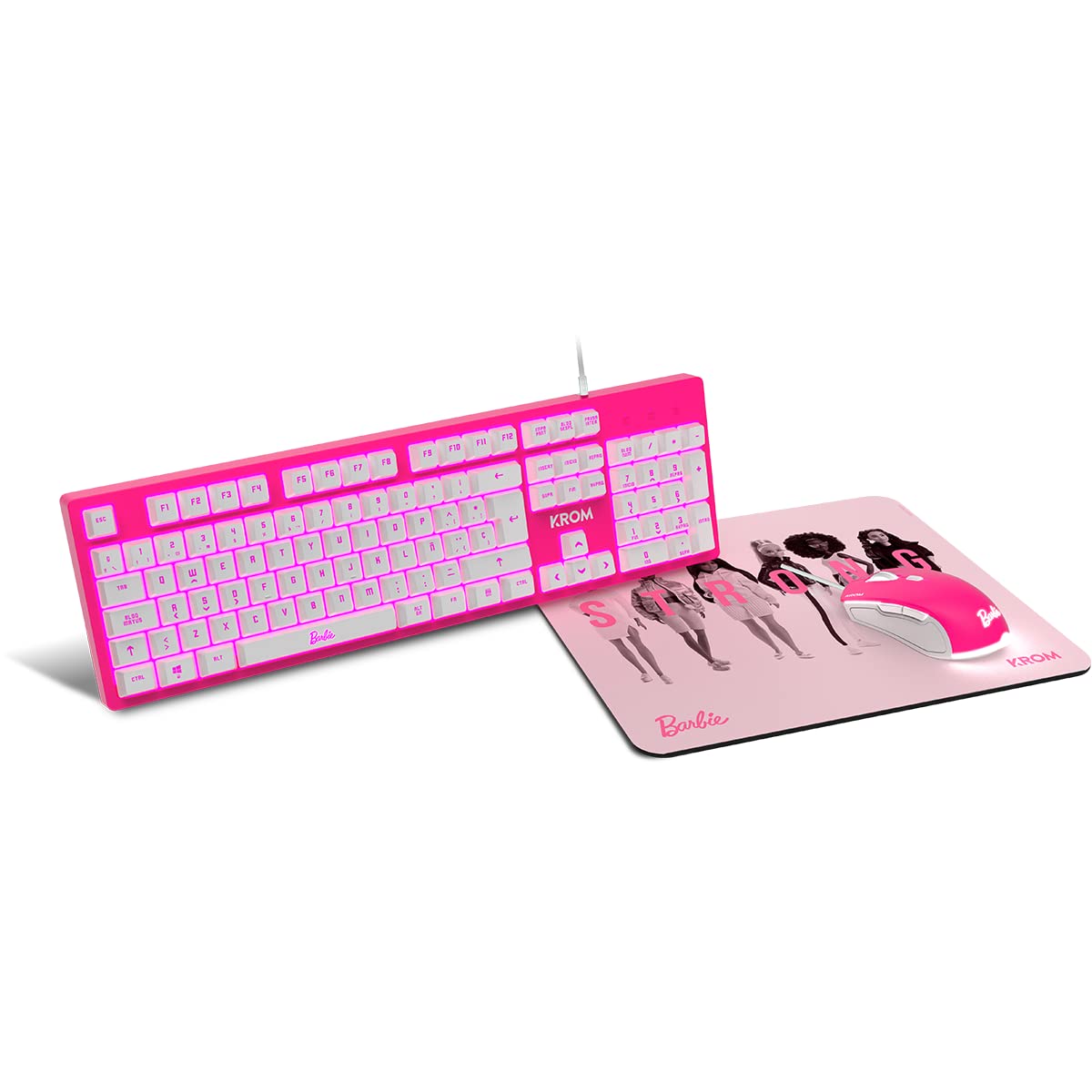 KROM Maus und -Mausunterlage Barbie Edition Kandy - Weiße LED-Membrantastatur, Maus optischem Sensor 6400 DPI, Mause-Matte hat eine Gummibasis, Italienisch Layout, pink