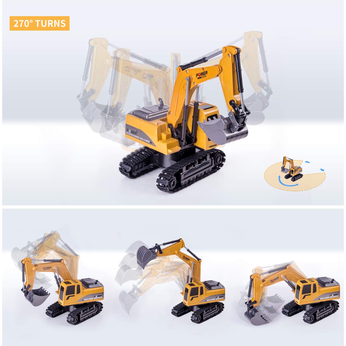Highttoy Ferngesteuerter Bagger, 6 Kanäle RC Bagger für Jungen Bagger Traktor Spielzeug mit Lichtern und Ton 1:24 Ferngesteuertes Bagger LKW Spielzeug für Kinder
