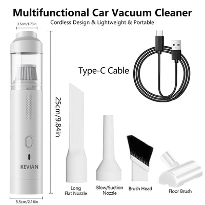 KEVIAN Handstaubsauger Akku, 12000Pa Handstaubsauger Kabellos mit USB-C Schnellladung, 2 in 1 Auto Staubsauger Stark Multifunktion Luftgebläsepumpe, Mini Staubsauger für Auto Outdoor Weiß