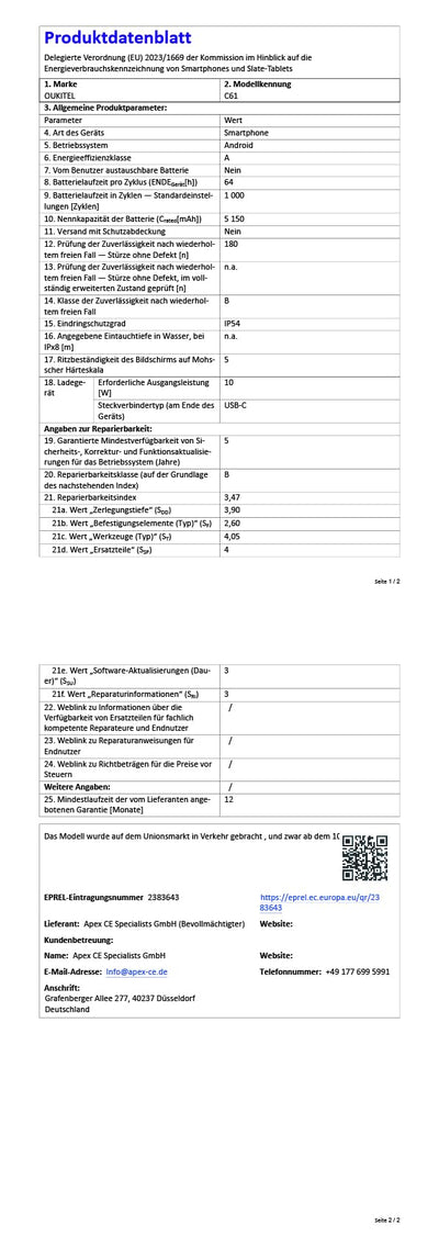 OUKITEL C61 Android 15 Smartphone Ohne Vertrag, 16GB+128GB /1TB Handy Ohne Vertrag, 6,88 Zoll 90Hz Bildschirm 5150mAh Handy Günstig, 13MP+5MP, 4G Dual SIM Simlockfreie Handys/Fingerabdruck/OTG/Face ID