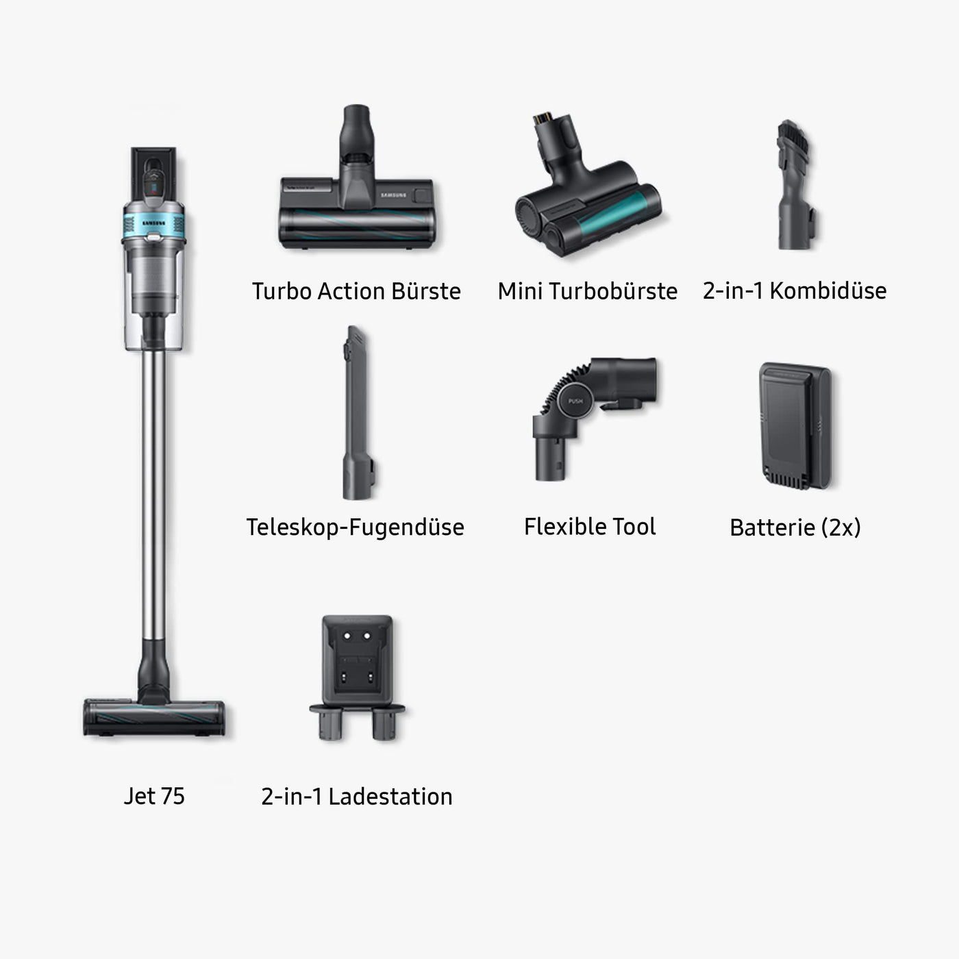 Samsung Jet 75 pet extra VS20T7562R5/EG, Akku-Handstaubsauger inklusive Ersatzakku, kabellos, beutellos, max. 200 W, wechselbarer 21.9V Li-Ion Akku, 0,8 Liter, ChroMetal Silber