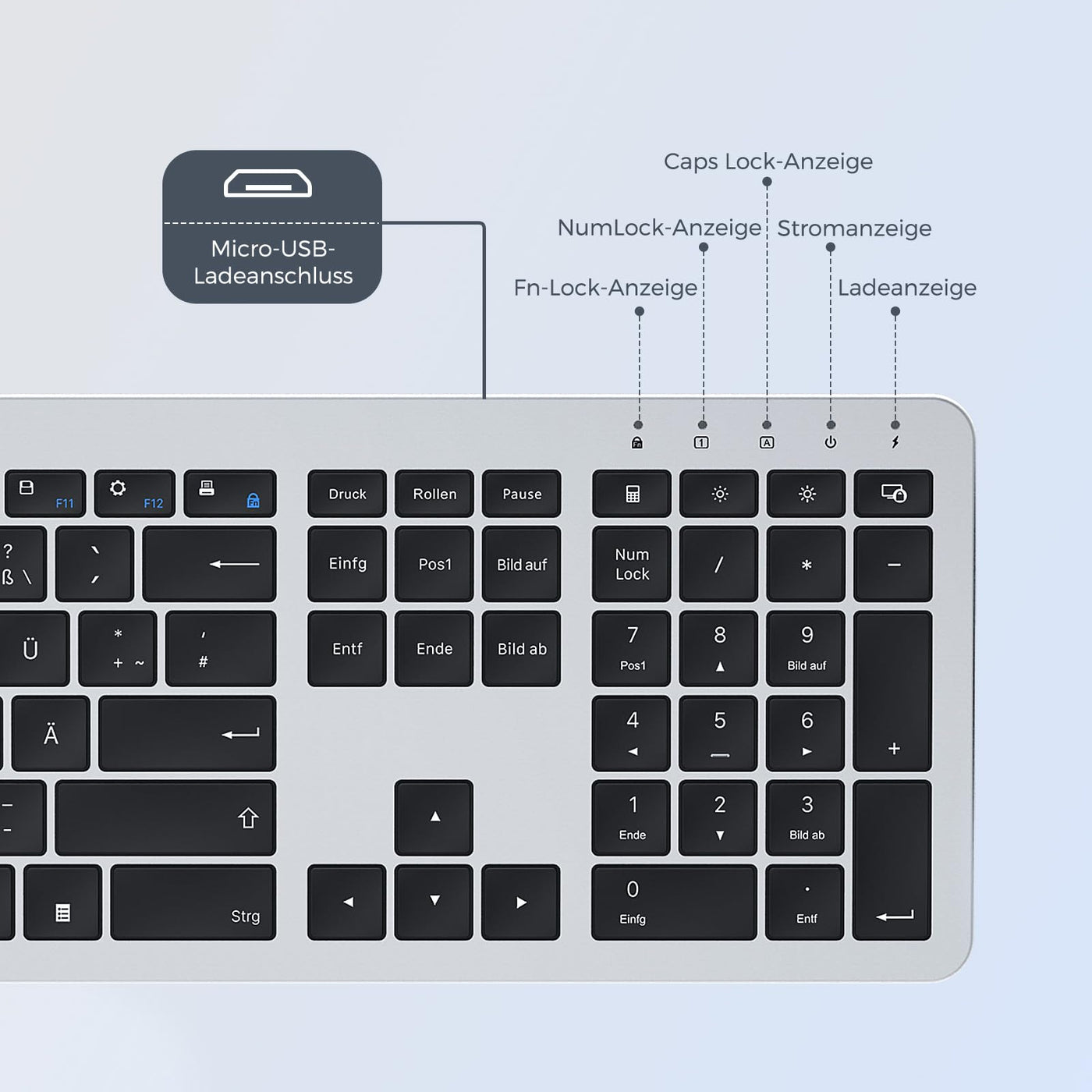 Tastatur Maus Set Kabellos, seenda Ultra-Dünne Wiederaufladbare Funk Tastatur Maus Set, Ergonomische Tastatur Kabellos mit Silikon Staubschutz für PC/Laptop/Smart TV, DE QWERTZ Layout, Schwarz&Silber