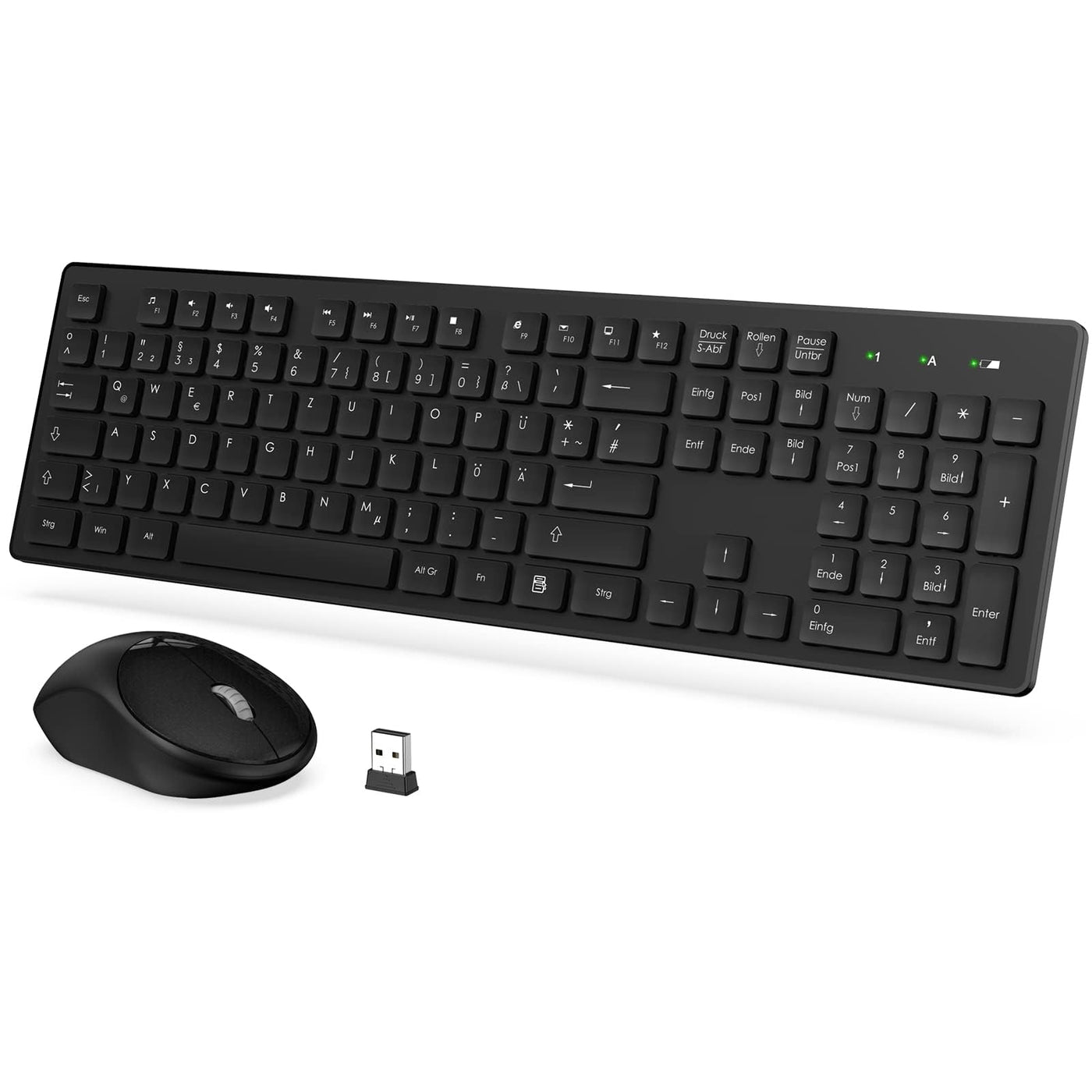 Tastatur Maus Set Kabellos, 2,4GHz Kabellose Tastatur und Maus, Funktastatur in Standardgröße mit Ziffernblock, 1600DIP Ergonomische Maus, für Windows/PC/Laptop/Computer - QWERTZ, Schwarz