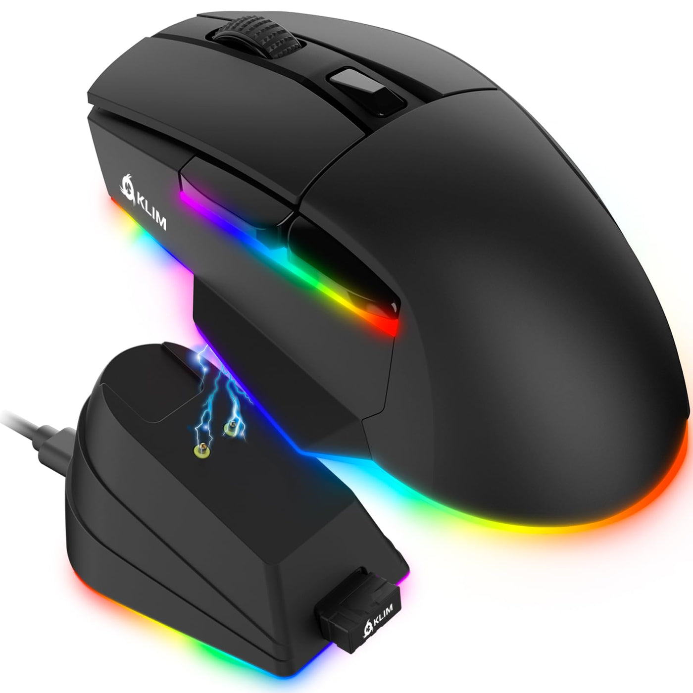KLIM Blaze X RGB + NEU 2024 + Wiederaufladbare kabellose Gaming-Maus mit Ladestation + Langlebiger Akku + Bis zu 12000 DPI + Kabelgebundene & kabellose Maus PC, PS5, PS4, Mac + Schwarz