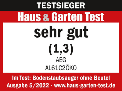 AEG CLEAN 6000 ÖKO AL61C2ÖKO Staubsauger beutellos / ETM Testsieger (SEHR GUT) / 60 % Recyclingmaterial / 550 W / Zusatzdüsen / Softräder / 74 dB(A) / 12m Aktionsradius / 1,6L Staubbehälter / Schwarz