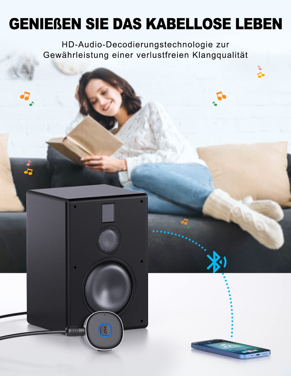 Mohard AUX Bluetooth Adapter Auto, Drahtloser KFZ Bluetooth 5.3 Empfänger für Heim-Stereo/Kabelgebundene Kopfhörer, Bleutooth Adapter AUX 3,5mm, Auto Equalizer, Dual Verbindung, 16 Stunden Spielzeit