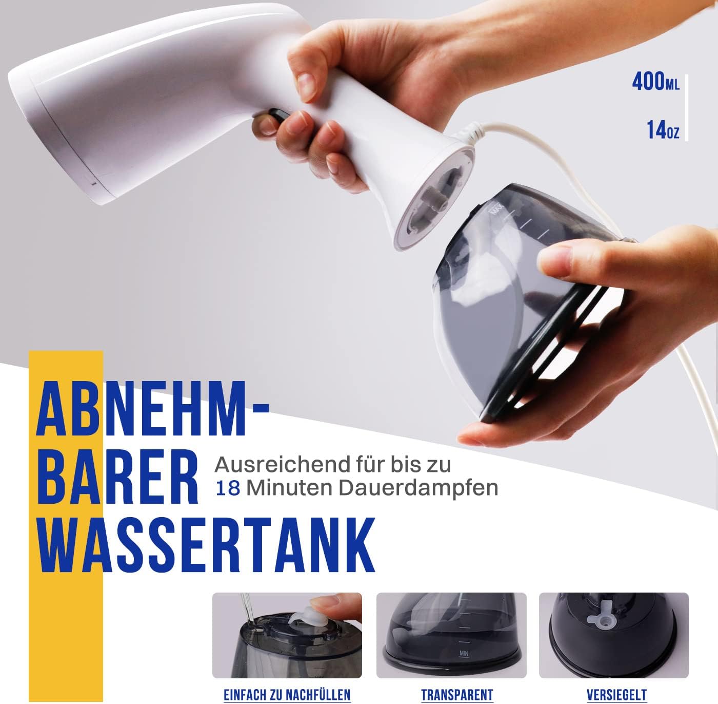 Rolipo Dampfglätter, 400ML Steamer Wassertank Dampfbürste Faltenentferner, für Zuhause, Büro, Reisen, Weiß