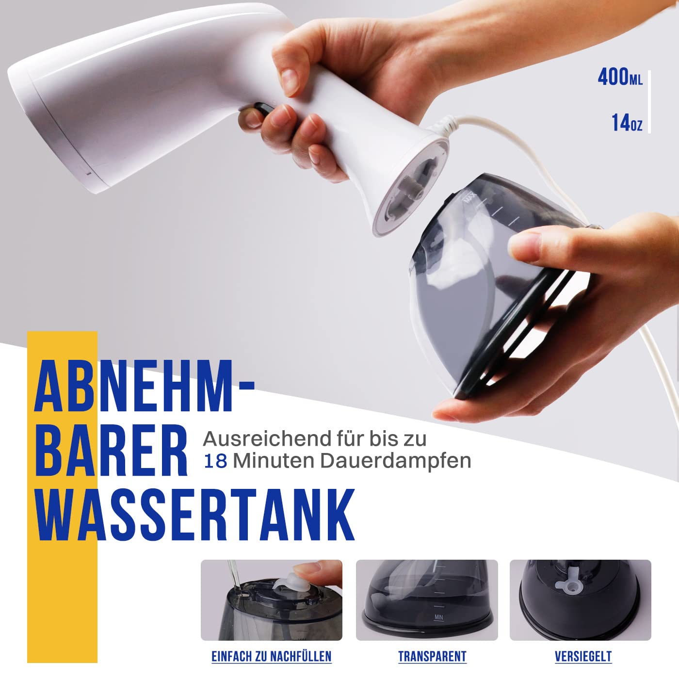 Rolipo Dampfglätter, 400ML Steamer Wassertank Dampfbürste Faltenentferner, für Zuhause, Büro, Reisen, Weiß