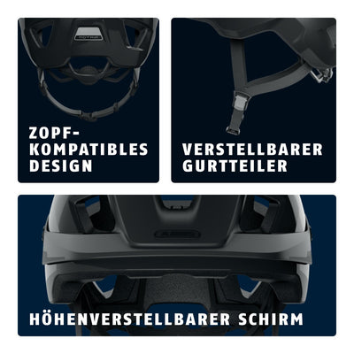 ABUS MTB-Helm MoTrip - robuster Fahrradhelm mit höhenverstellbarem Schirm für Mountainbiker - individuelle Passform - Unisex - Schwarz Glänzend, L, L (57-61 cm)