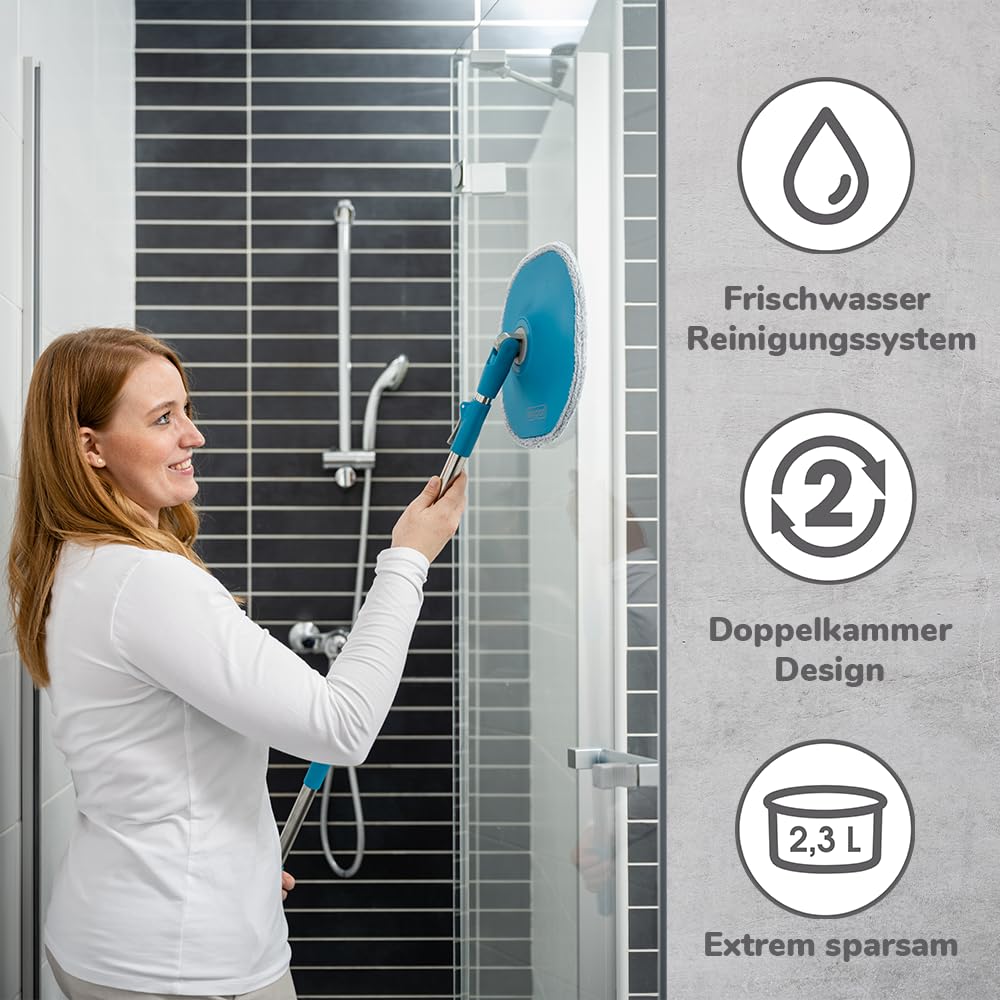 LIVINGTON Clean Water Spin Mop - Wischmop Set mit Zwei-Kammer-Filtersystem - trennt Schmutzwasser von Frischwasser - Bodenwischer für jeden Boden - mit Neuer 135cm Langer Stange - Auswringfunktion