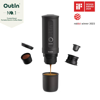 Outin Nano tragbare elektrische Espressomaschine, Camping-Kaffeemaschine, Selbsterhitzung mit USB-C, kompatibel mit gemahlenem Kaffee & NS-Kapsel