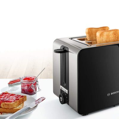 Bosch Kompakt Toaster ComfortLine TAT7203, integrierter Edelstahl-Brötchenaufsatz, mit Abschaltautomatik, mit Auftaufunktion, perfekt für 2 Scheiben Toast,1050 W, Edelstahl/schwarz