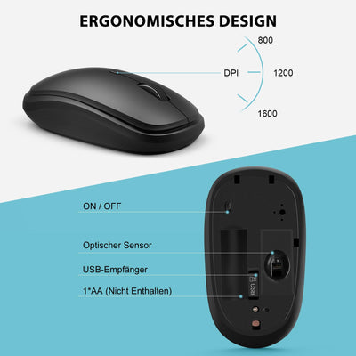 Tastatur Maus Set Kabellos, SABLUTE 2,4GHz UltraDünn Leise Kabellose Tastatur und Maus, Ergonomisch Funktastatur in Voller Größe mit 19 Sondertasten und einen Nummernblock, für PC, Laptop, Windows