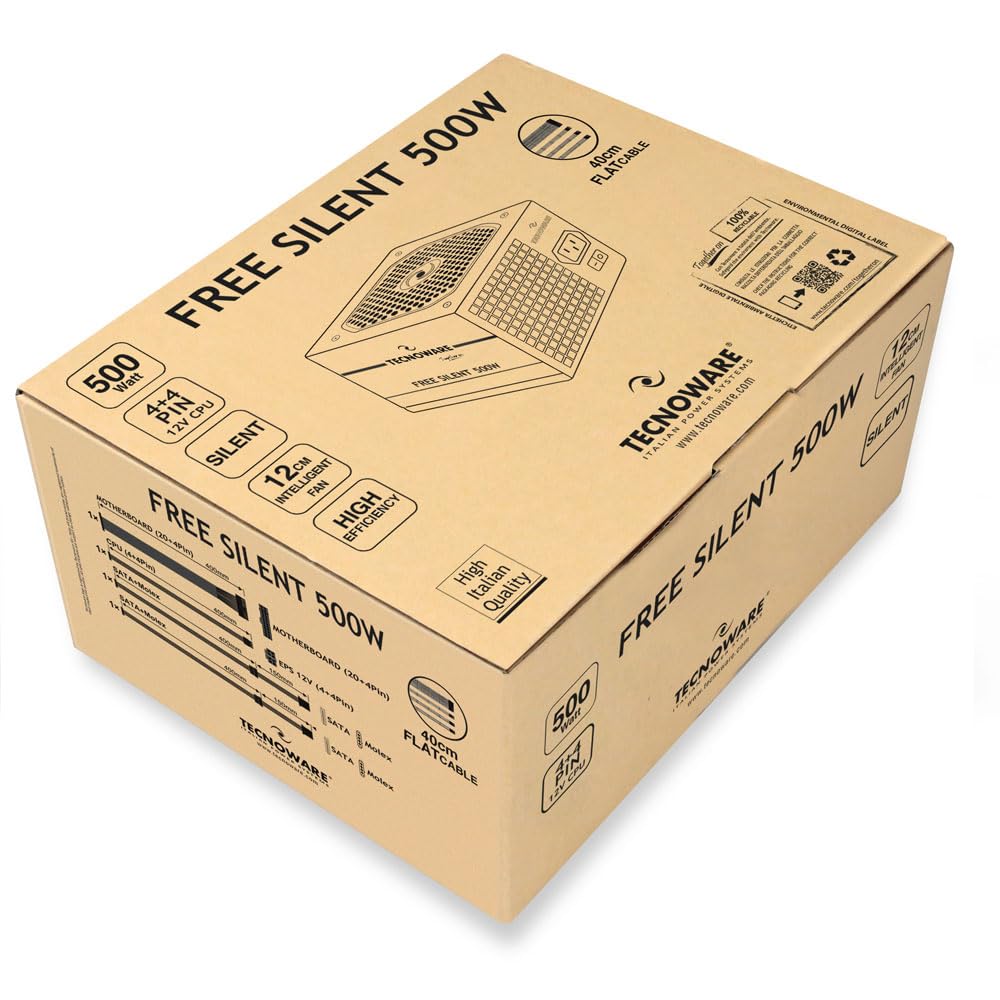 Tecnoware Power Systems - ATX-Netzteil 500, Ultrasilent 12 cm Lüfter, Überspannungsschutz, 2x SATA, 1x 24-polig, 1x 12V 4+4-polig, 2x Molex, schwarz, Größe 500 | Kompatibel mit ATX 12V v.2.01