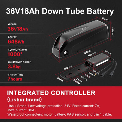 SEASON 26''/ 28''(700C) E-Bike Umbausatz 36V 250W Frontmotor mit 36V Akku, für Vorderrad, mit integriertem Controller und Ladegerät (26'' Kit+36V18Ah Akku)