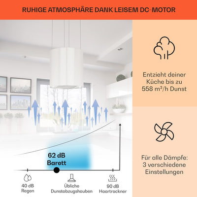 Klarstein Barett Inselabzugshaube - Dunstabzugshaube, Inselhaube, Ø 35cm, 190 W Motorleistung, max. 560 m³/h Umluftleistung, 3 Leistungsstufen, LED-Kochflächenbeleuchtung, Edelstahl, weiß