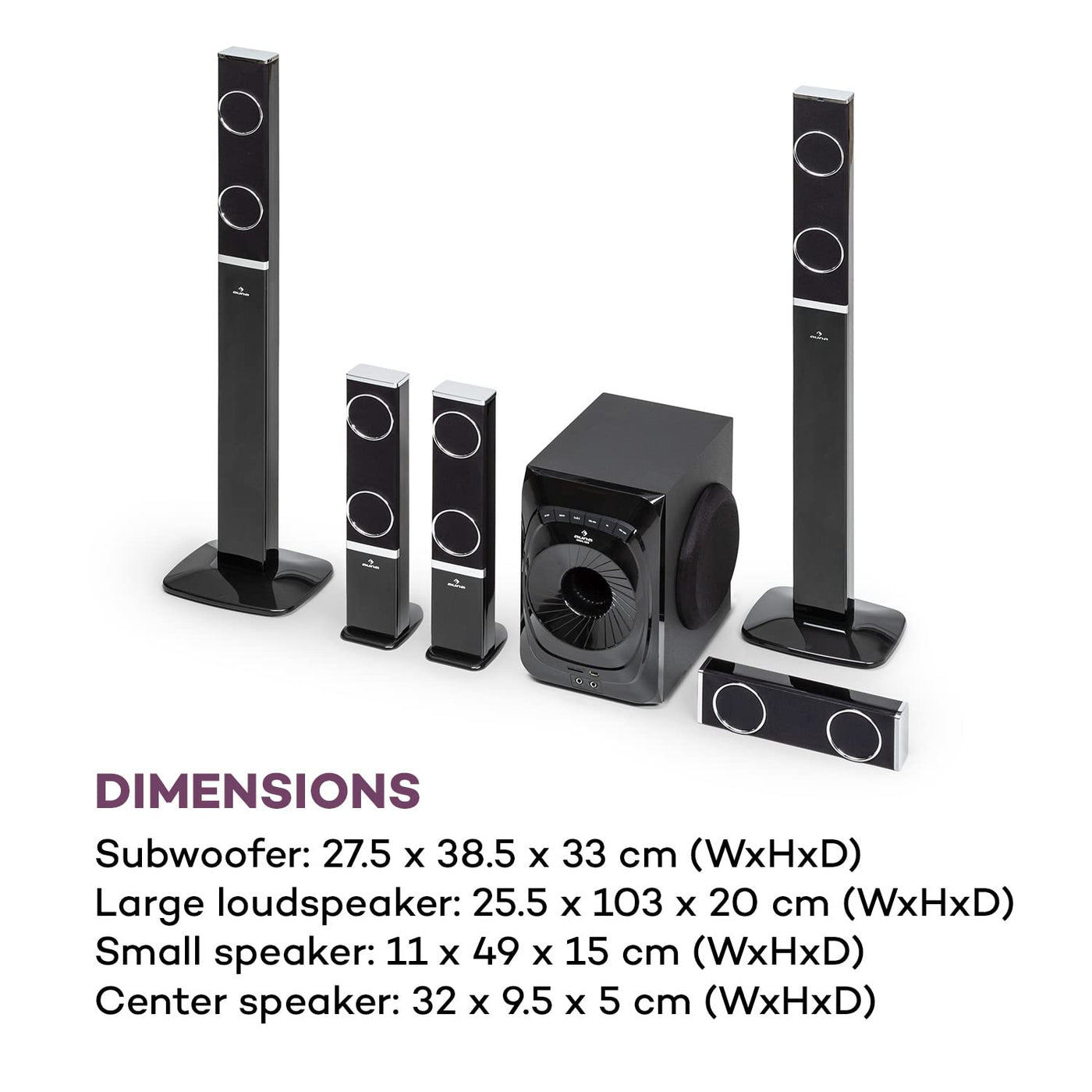 auna Areal 825 5.1 Soundsystem - 5.1 Heimkinosystem mit 200 Watt Leistung RMS, 8" Heimkino Subwoofer + 5 Lautsprecher, Bluetooth, USB, SD, AUX, inkl. Fernbedienung