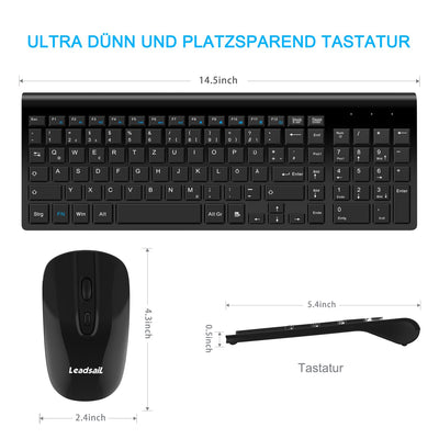 LeadsaiL Tastatur Maus Set Kabellos, 2,4 GHz USB-Empfänger Ultradünne Leise, Deutsch QWERTZ-Layout, 12 FN-Tasten Für Windows XP/7/8/10, PC, Laptop, Computer, Desktop - schwarz