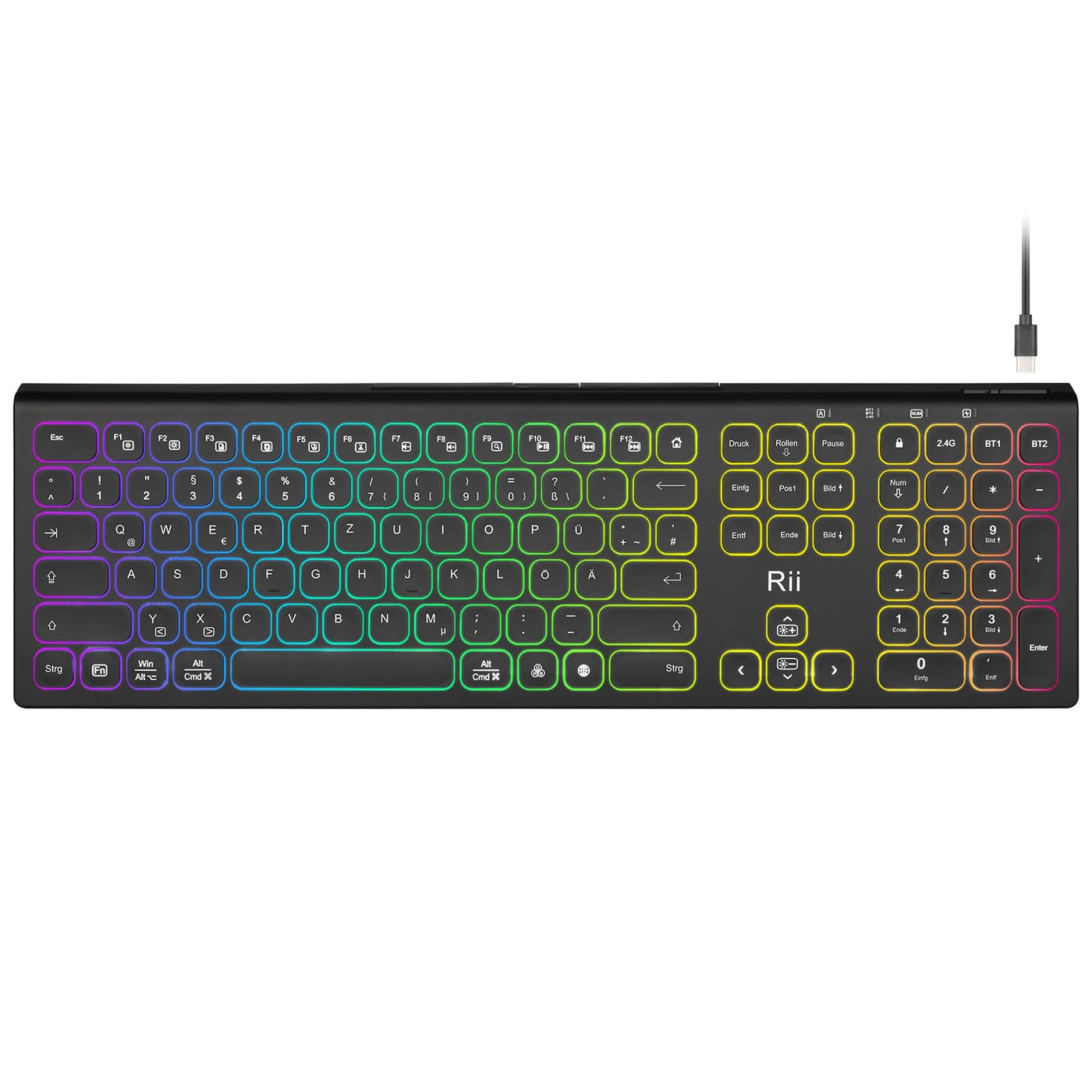 Rii Bluetooth Tastatur Kabellos, Gaming Tastatur Bluetooth mit QWERTZ, Tastatur Gaming Keyboard mit Halterung, Kabellose Tastatur Beleuchtet für PC/Tablet