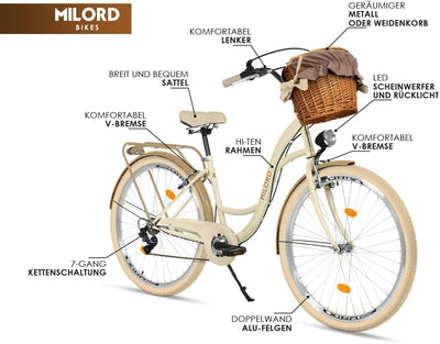 Balticuz OU Komfort Fahrrad Citybike Mit Weidenkorb Damenfahrrad Hollandrad Retro, 26 Zoll, Grün-Creme, 7-Gang