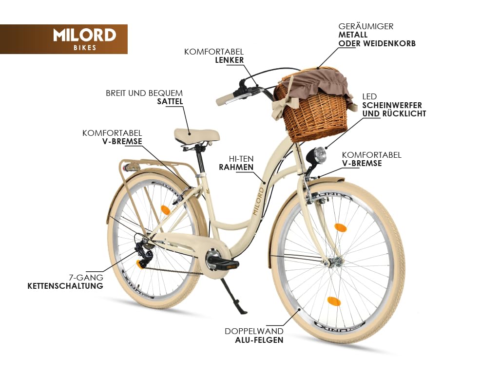 Balticuz OU Komfort Fahrrad Citybike Mit Weidenkorb Damenfahrrad Hollandrad Retro, 26 Zoll, Grün-Creme, 7-Gang