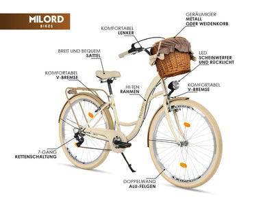 Balticuz OU Komfort Fahrrad Citybike Mit Weidenkorb Damenfahrrad Hollandrad Retro, 26 Zoll, Grün-Creme, 7-Gang