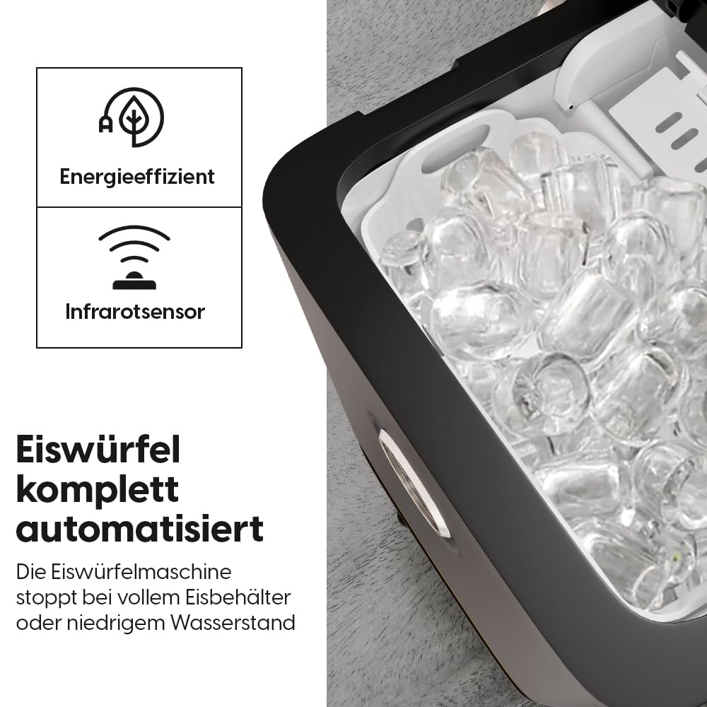 STARKFELD ICE MAKER - Luxus Eiswürfelmaschine | 20 KG Eis in 24 Stunden | Selbstreinigend & Keimfrei | 1,5L Wassertank | Eis in 6 Minuten | 2 Größen Eis | Kompakt & Leise | Cocktail Maschine (Schwarz)
