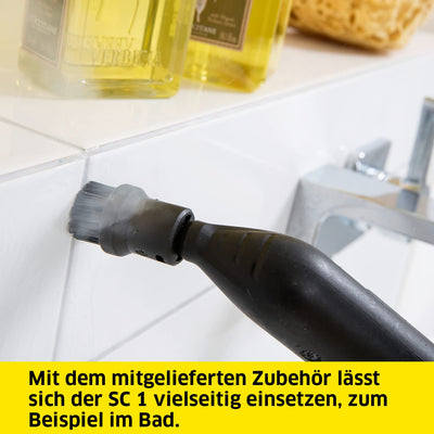 Kärcher Dampfreiniger SC 1, Dampfdruck: 3 bar, Aufheizzeit: 3 min., Leistung: 1.200 W, Flächenleistung: 20 m², Tank: 200 ml, mit Hand-, Punktstrahl- und Powerdüse, Mikrofaser-Überzug und Rundbürste