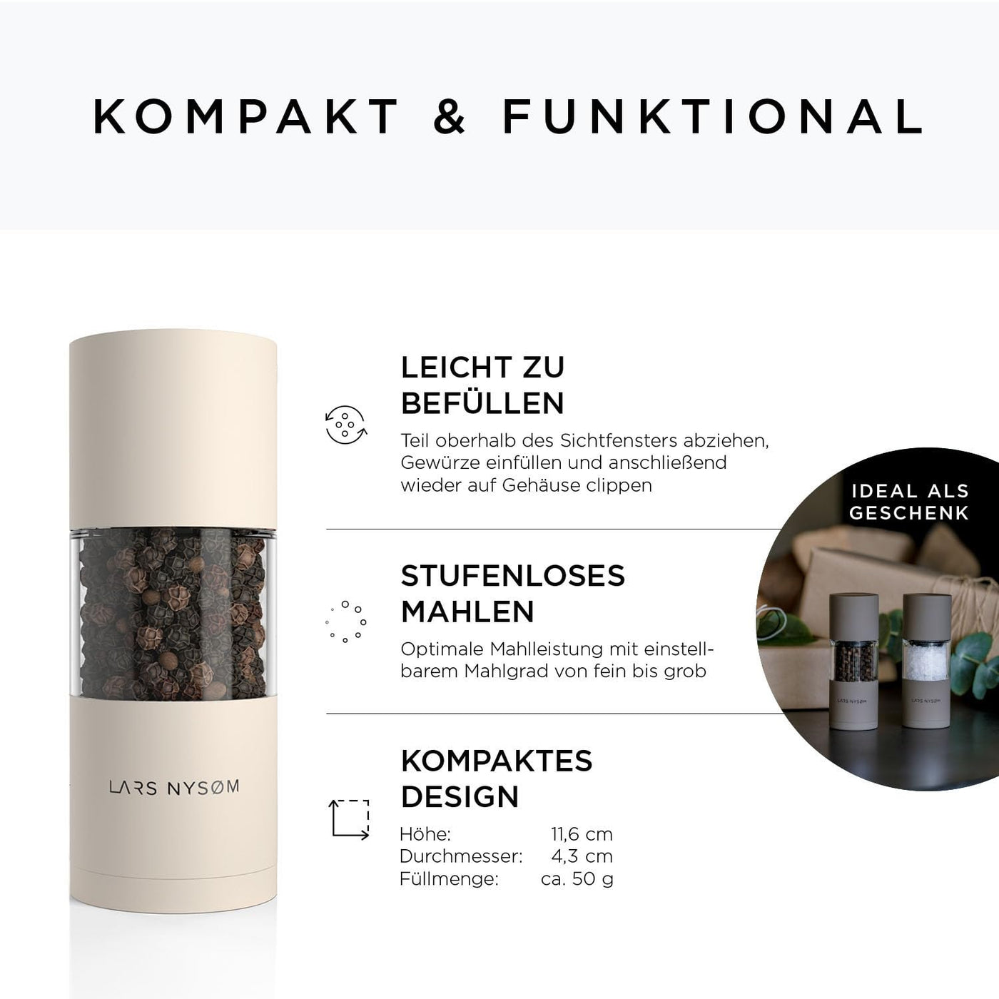 LARS NYSØM Salz und Pfeffer Mühlen Set aus Edelstahl mit einstellbarem Keramik-Mahlwerk 2 Stück I Design Gewürzmühlen Set Manuell (2er Set) (Brown/Beige)
