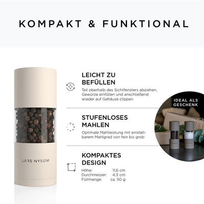 LARS NYSØM Salz und Pfeffer Mühlen Set aus Edelstahl mit einstellbarem Keramik-Mahlwerk 2 Stück I Design Gewürzmühlen Set Manuell (2er Set) (Brown/Beige)