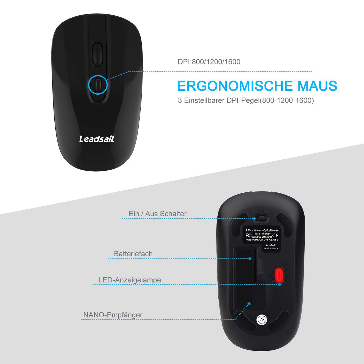 LeadsaiL Tastatur Maus Set Kabellos, 2,4 GHz USB-Empfänger Ultradünne Leise, Deutsch QWERTZ-Layout, 12 FN-Tasten Für Windows XP/7/8/10, PC, Laptop, Computer, Desktop - schwarz