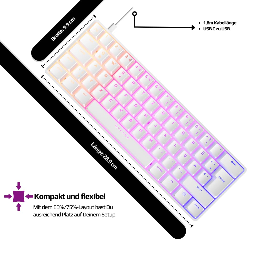 Nyfter - 60% Gaming Keyboard - NYFBOARD GEN2 Gaming Computer Tastatur mit Gateron Yellow Switches - HOT-SWAPPABLE mechanisch RGB-Hintergrundbeleuchtung ISO-DE Layout für Gamer (White, 60%)