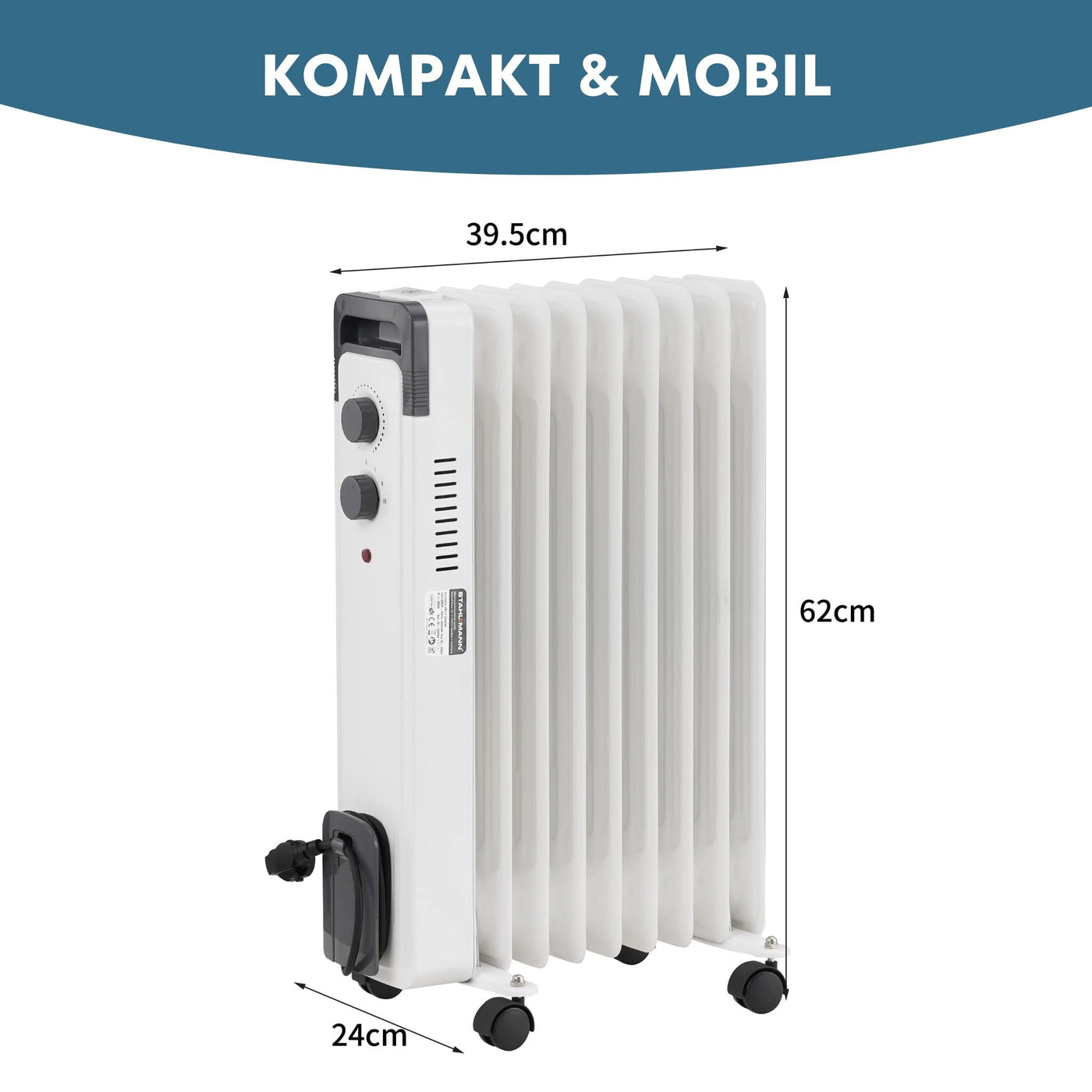 STAHLMANN Ölradiator ZR17 2000 Watt – Elektroheizung Energiesparend bis 40 qm Fläche – Heizung Elektrisch mit Thermostat und 3 Heizstufen – Elektrisches Heizgerät, Electric Heater Weiss