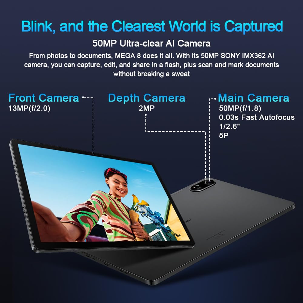 Blackview Mega 8 13 Zoll Tablet Android 15, 36GB+256GB+2TB Erweiterung, Quad-box Speakers, 2K FHD+ Gaming Tablet AI, 4G LTE 5G WiFi, 50MP AI Camera,11000mAh,PC Mode, Hülle+Intelligenter Stift, Schwarz