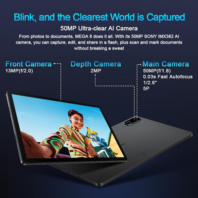 Blackview 13 Zoll Tablet Android 15, Mega8 36GB+256GB+2TB Erweiterung, Quad-Box Speakers, 2K FHD+ Gaming Tablet, 4G LTE 5G WiFi, 50MP AI Camera, 11000mAh, PC Mode, Hülle + Intelligenter Stift, Blau