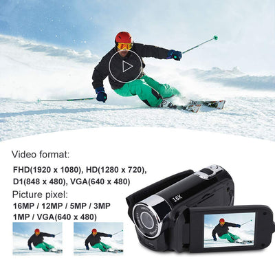 Focket Digitaler Camcorder, HD-Camcorder, Full-HD-Rotation, 270 °, 1080p, 16 x, tragbare DV-Videokamera mit Display von 6,9 cm (2,7 Zoll), für Camping zu Hause (EU-Stecker, schwarz)