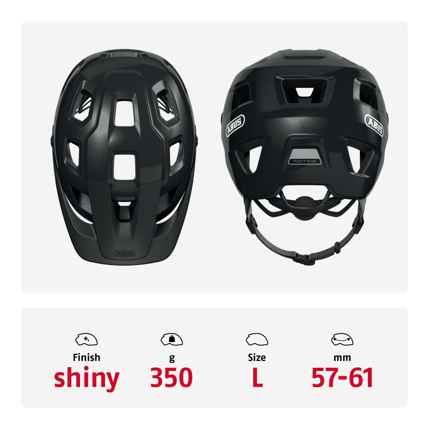 ABUS MTB-Helm MoTrip - robuster Fahrradhelm mit höhenverstellbarem Schirm für Mountainbiker - individuelle Passform - Unisex - Schwarz Glänzend, L, L (57-61 cm)