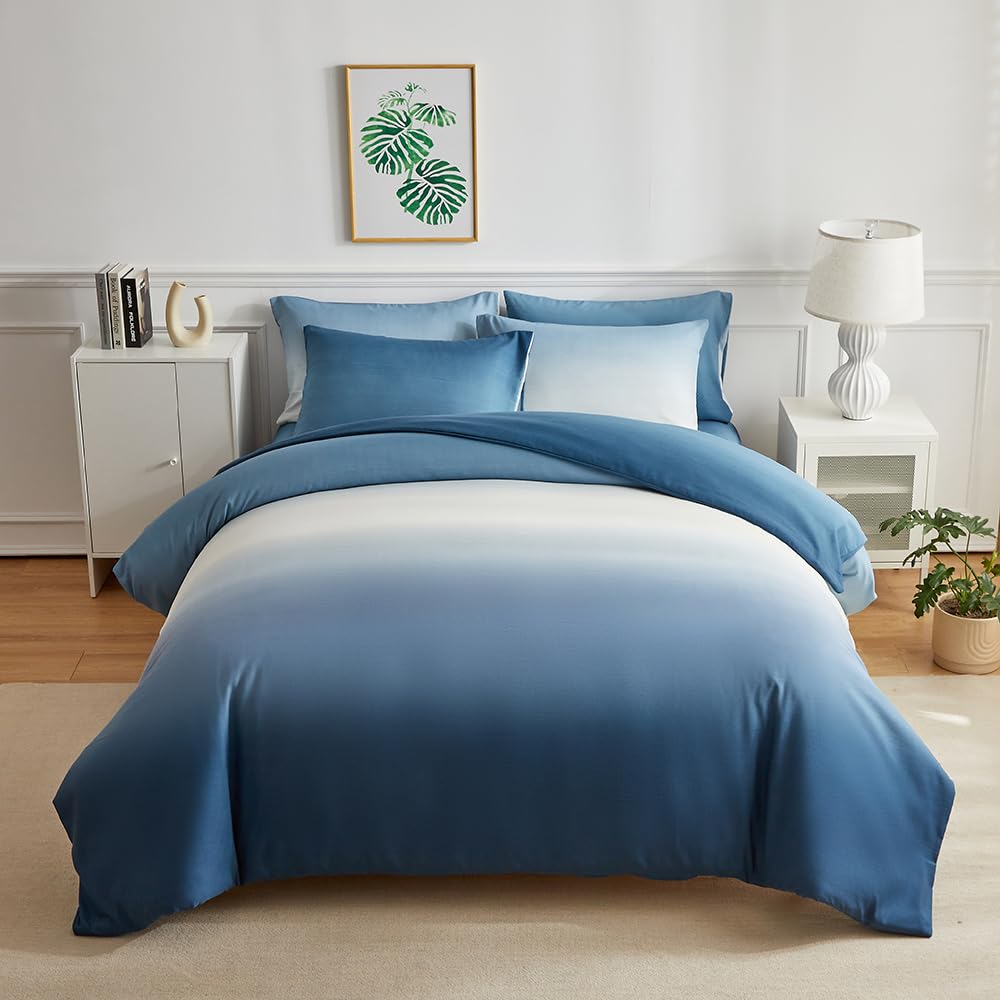 OLDBIAO Bettwäsche 200x200 cm 3er Set (1 Bettbezug 200x200cm + 2 Kissenbezüge 80x80cm), Weiß - Blau Farbverluaf Design, Weich Pflegeleicht Bettdecke Cover aus Mikrofaser Ästhetisch Bettwaren