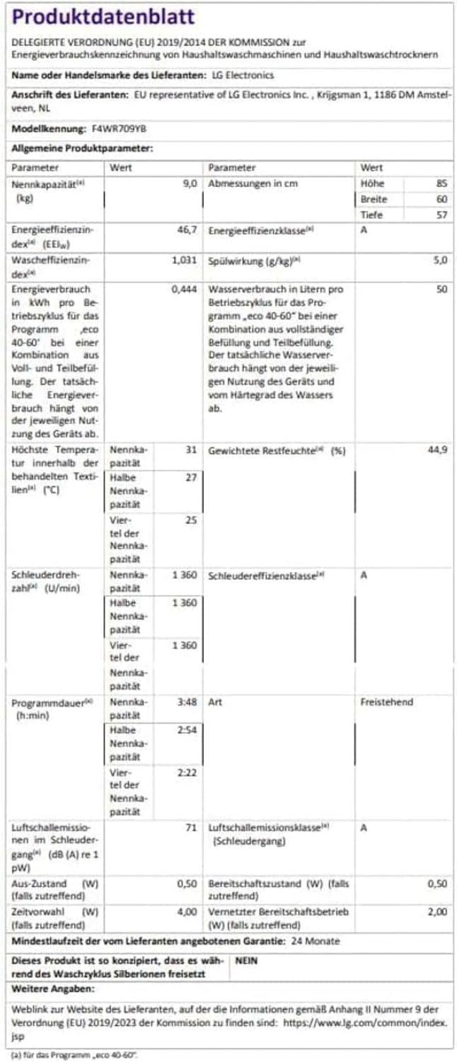 LG Electronics F4WR709YB Waschmaschine | 9 kg | Energie A| Steam | Schwarz