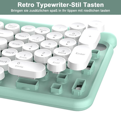 Tastatur Maus Set Kabellos,RaceGT Retro Schreibmaschine Tastatur Funktastatur mit Maus USB Grün Tastatur Bunt Maus und Tastatur Wireless Keyboard and Mouse QWERTZ Deutsch Layout