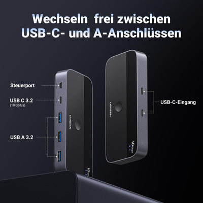 UGREEN USB C Switch 2PC 10Gbps USB Switch 3.2 2 In 4 Out mit Desktop Kontroller USB Umschalter Aluminiumgehäuse mit 2USB C auf C Kabeln für Tastatur, Maus, Drucker, USB Stick usw.