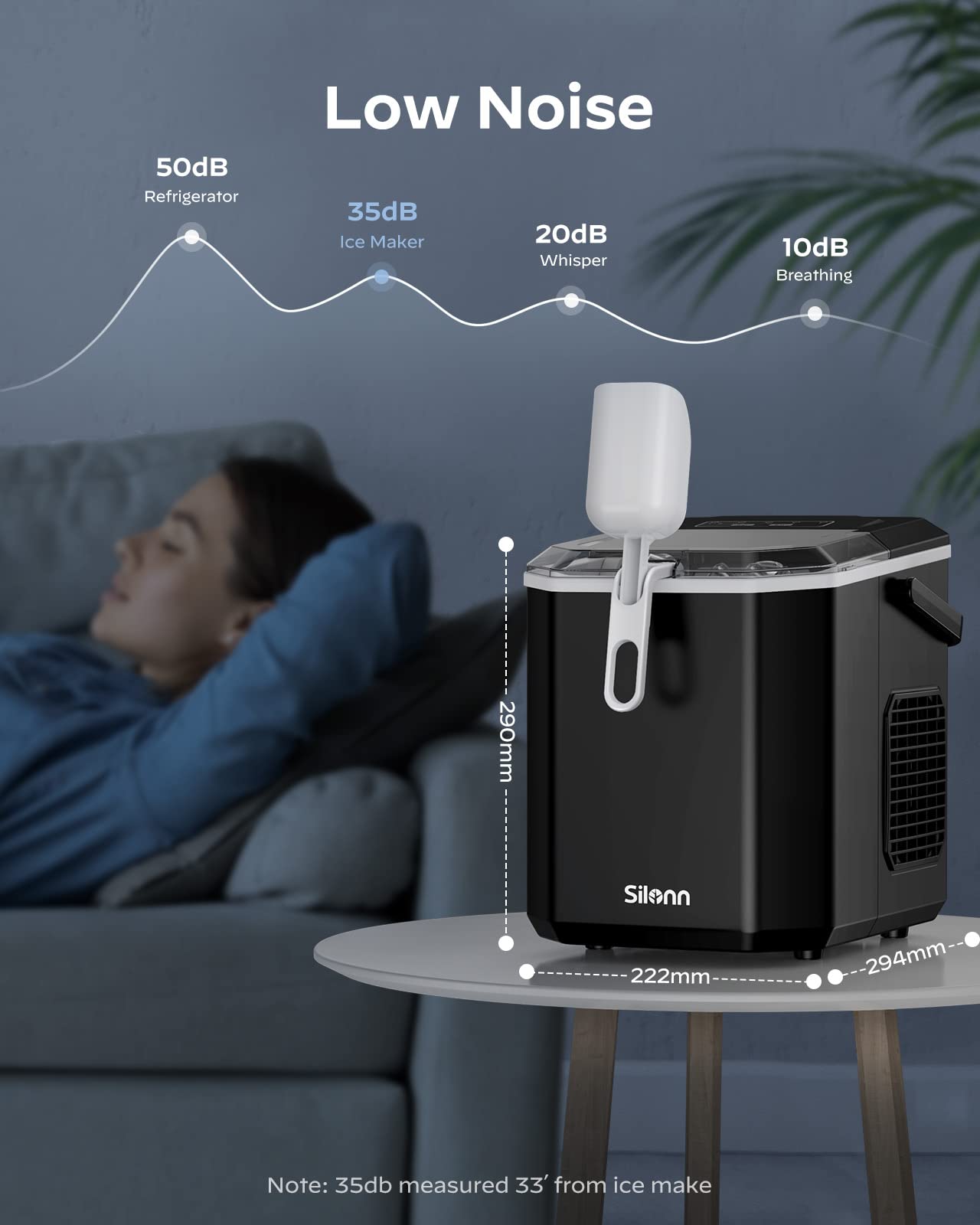 Silonn Eiswürfelmaschine, Kleine Eiswürfelmaschine mit Tragegriff, Selbstreinigende Eiswürfelmaschine mit Korb und Schaufel, 9 Würfel in 6 Minuten, 12 KG pro Tag, ideal für Haus, Küche, Camping, RV